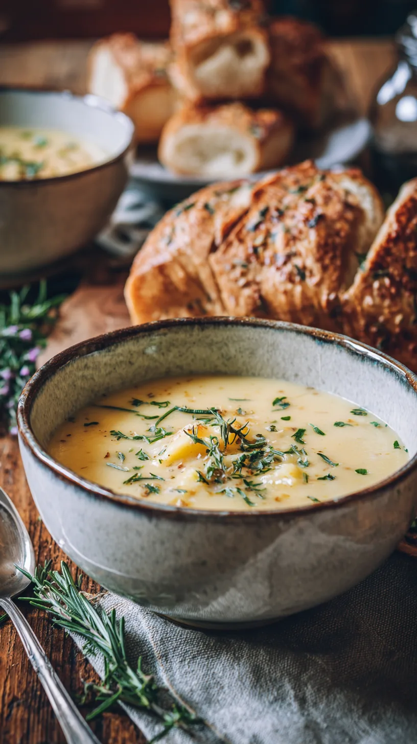 Cheddar Garlic Herb Potato Soup in a rustic bowl with fresh herbs