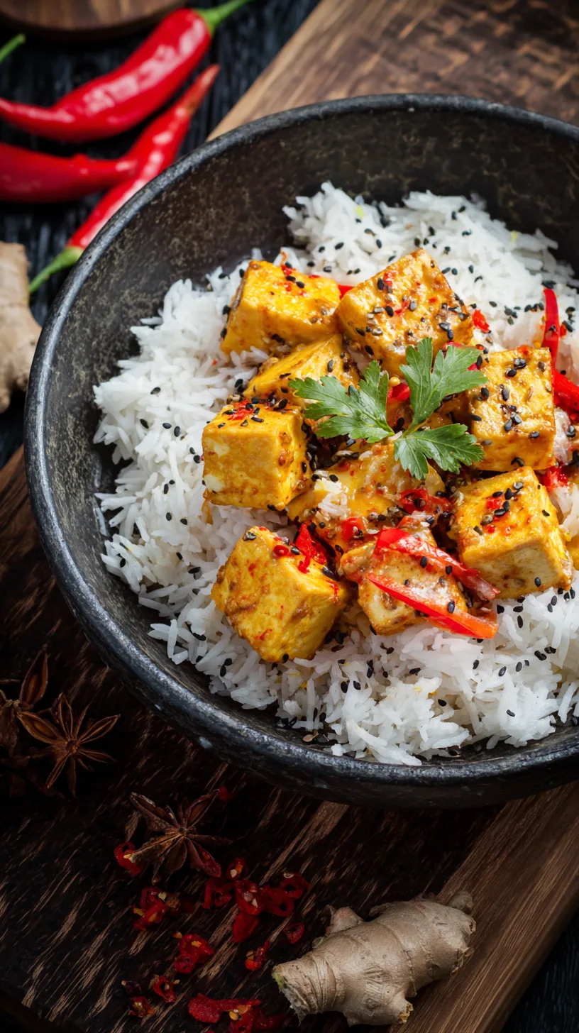 Spicy Tofu With Creamy Coconut Sauce served in a bowl with fresh herbs