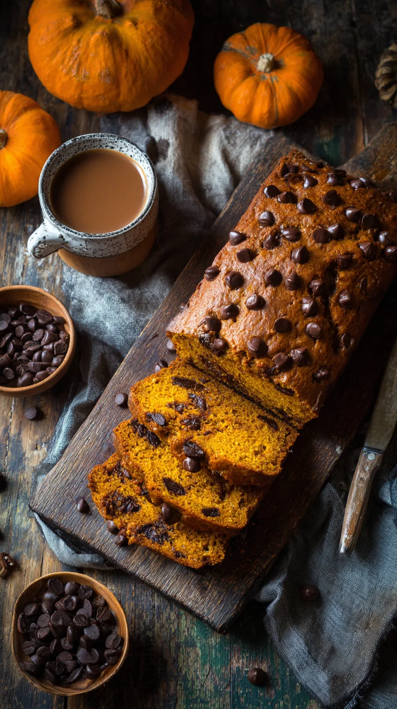 Close-up of moist pumpkin bread texture with melted chocolate chips