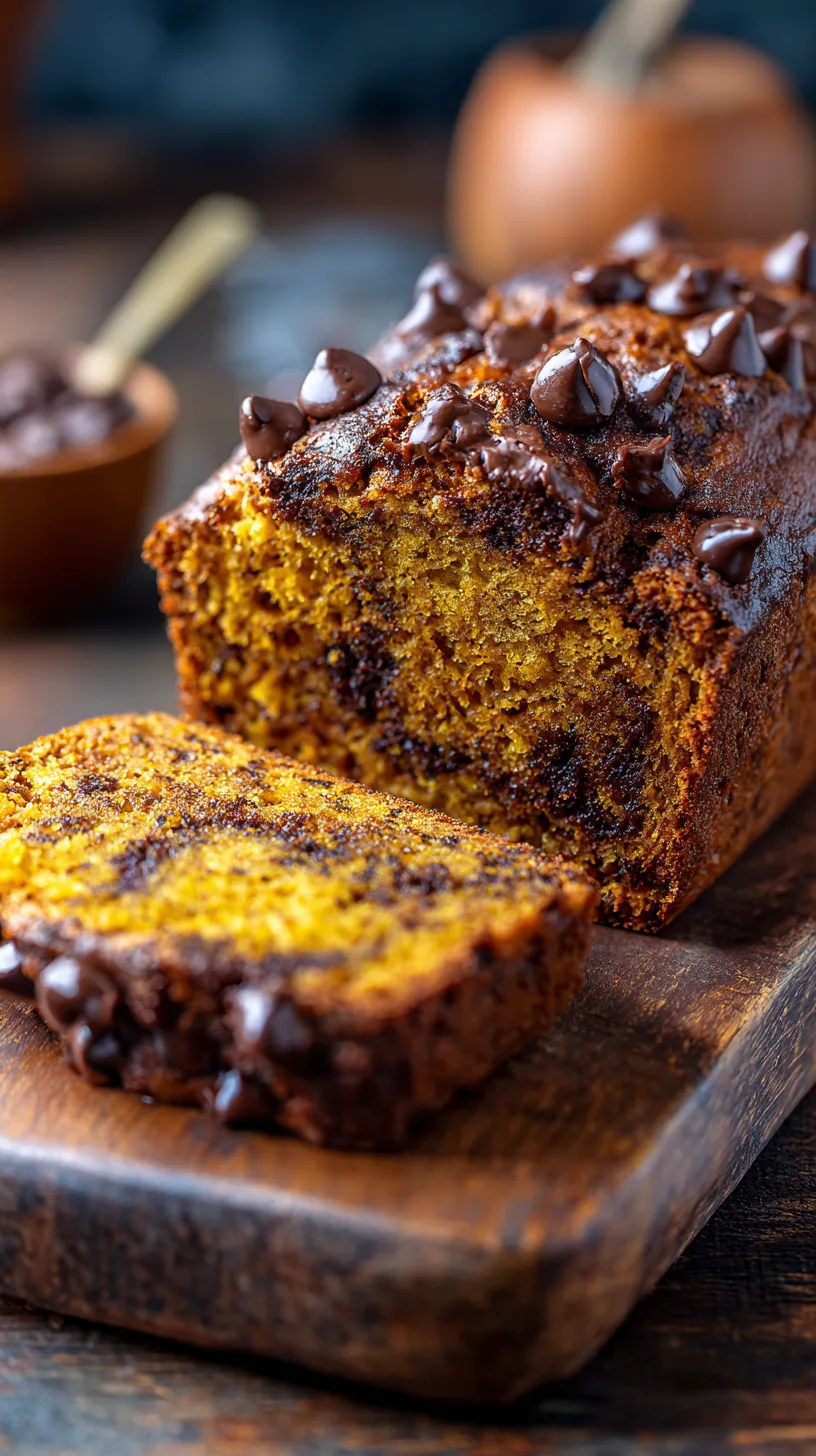 Decadent Pumpkin Bread with Chocolate Chips sliced and ready to serve
